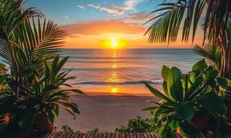 A sunrise over a tranquil beach, viewed from a balcony adorned with lush green plants photo