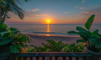 A sunrise over a tranquil beach, viewed from a balcony adorned with lush green plants photo
