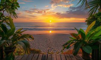 A sunrise over a tranquil beach, viewed from a balcony adorned with lush green plants photo