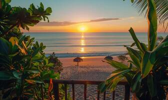 A sunrise over a tranquil beach, viewed from a balcony adorned with lush green plants photo