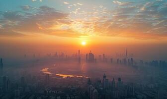 A tranquil sunrise over a sprawling city, with the first light casting long shadows and highlighting the architectural details of the skyline photo