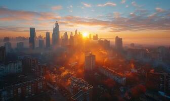 A tranquil sunrise over a sprawling city, with the first light casting long shadows and highlighting the architectural details of the skyline photo