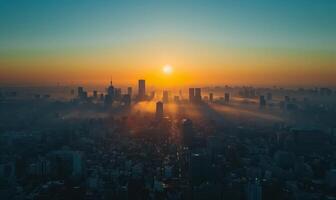 A tranquil sunrise over a sprawling city, with the first light casting long shadows and highlighting the architectural details of the skyline photo