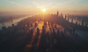 A tranquil sunrise over a sprawling city, with the first light casting long shadows and highlighting the architectural details of the skyline photo