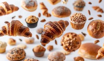 A variety of baked goods like croissants, muffins, and bread loaves flying in mid-air with a white background photo