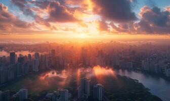 A tranquil sunrise over a sprawling city, with the first light casting long shadows and highlighting the architectural details of the skyline photo