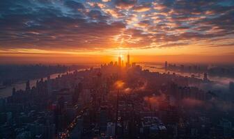 A tranquil sunrise over a sprawling city, with the first light casting long shadows and highlighting the architectural details of the skyline photo