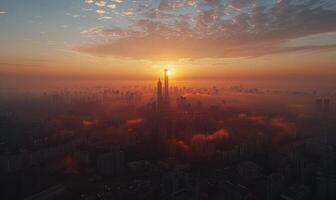 A tranquil sunrise over a sprawling city, with the first light casting long shadows and highlighting the architectural details of the skyline photo