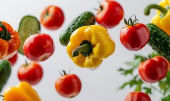 A variety of colorful vegetables like bell peppers, tomatoes, and cucumbers flying in mid-air with a white background photo