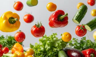 A variety of colorful vegetables like bell peppers, tomatoes, and cucumbers flying in mid-air with a white background photo