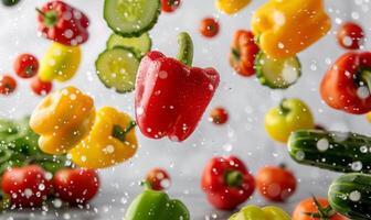 A variety of colorful vegetables like bell peppers, tomatoes, and cucumbers flying in mid-air with a white background photo
