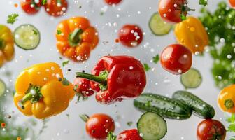 A variety of colorful vegetables like bell peppers, tomatoes, and cucumbers flying in mid-air with a white background photo