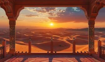 A vast desert landscape with sand dunes and a setting sun, viewed from a balcony with Arabian architectural elements photo