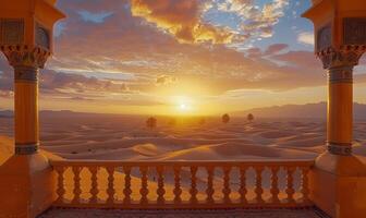 A vast desert landscape with sand dunes and a setting sun, viewed from a balcony with Arabian architectural elements photo