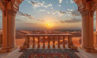 A vast desert landscape with sand dunes and a setting sun, viewed from a balcony with Arabian architectural elements photo