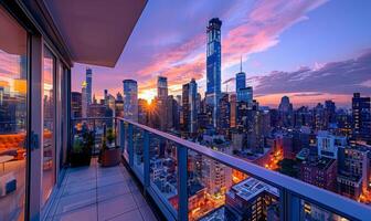 A vibrant city skyline at dusk, with the sun setting behind skyscrapers, viewed from a modern apartment balcony photo