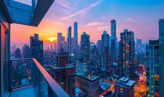 A vibrant city skyline at dusk, with the sun setting behind skyscrapers, viewed from a modern apartment balcony photo