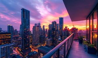 A vibrant city skyline at dusk, with the sun setting behind skyscrapers, viewed from a modern apartment balcony photo