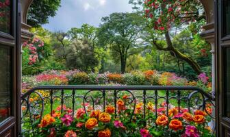 A vibrant garden full of blooming flowers, seen from a balcony with wrought iron railings photo