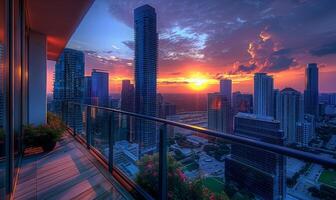 A vibrant city skyline at dusk, with the sun setting behind skyscrapers, viewed from a modern apartment balcony photo