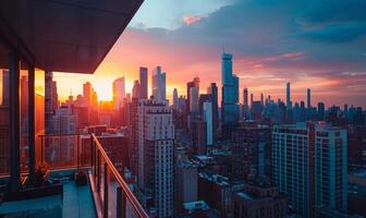 A vibrant city skyline at dusk, with the sun setting behind skyscrapers, viewed from a modern apartment balcony photo