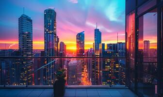 A vibrant city skyline at dusk, with the sun setting behind skyscrapers, viewed from a modern apartment balcony photo