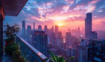 A vibrant city skyline at dusk, with the sun setting behind skyscrapers, viewed from a modern apartment balcony photo