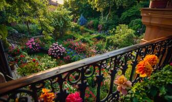 A vibrant garden full of blooming flowers, seen from a balcony with wrought iron railings photo