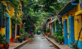 A vibrant street scene with colorful buildings and lush green trees lining the avenue photo