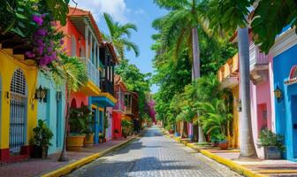 A vibrant street scene with colorful buildings and lush green trees lining the avenue photo