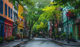 A vibrant street scene with colorful buildings and lush green trees lining the avenue photo