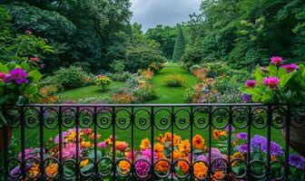 A vibrant garden full of blooming flowers, seen from a balcony with wrought iron railings photo