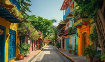 A vibrant street scene with colorful buildings and lush green trees lining the avenue photo