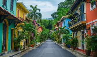 A vibrant street scene with colorful buildings and lush green trees lining the avenue photo