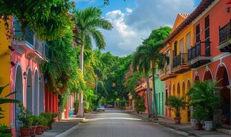 A vibrant street scene with colorful buildings and lush green trees lining the avenue photo