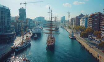 A view of a busy harbor with ships docked, surrounded by modern city buildings and cranes photo