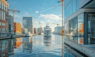 A view of a busy harbor with ships docked, surrounded by modern city buildings and cranes photo