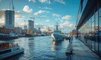 A view of a busy harbor with ships docked, surrounded by modern city buildings and cranes photo