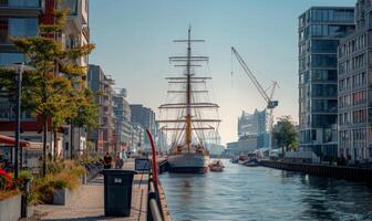 A view of a busy harbor with ships docked, surrounded by modern city buildings and cranes photo