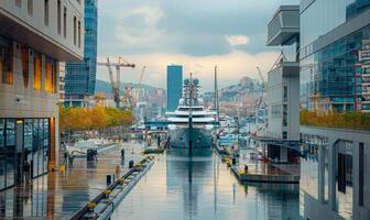 A view of a busy harbor with ships docked, surrounded by modern city buildings and cranes photo