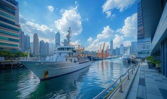 A view of a busy harbor with ships docked, surrounded by modern city buildings and cranes photo