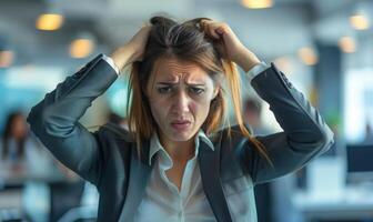 A woman in a business suit looking frustrated, pulling her hair in a busy office photo