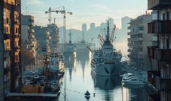 A view of a busy harbor with ships docked, surrounded by modern city buildings and cranes photo