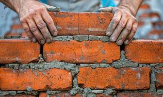 A worker's hands building a brick wall photo