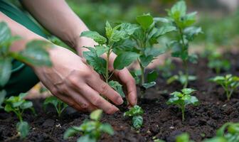 A worker's hands planting a tree in a community garden photo