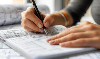 A worker's hands writing in a notebook with blueprints in the background photo