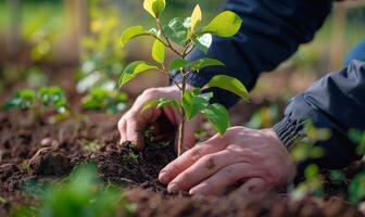 A worker's hands planting a tree in a community garden photo