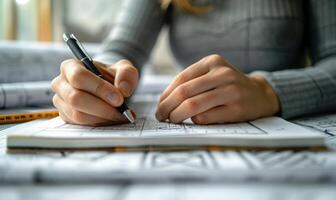 A worker's hands writing in a notebook with blueprints in the background photo