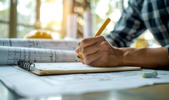 A worker's hands writing in a notebook with blueprints in the background photo