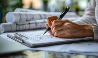 A worker's hands writing in a notebook with blueprints in the background photo